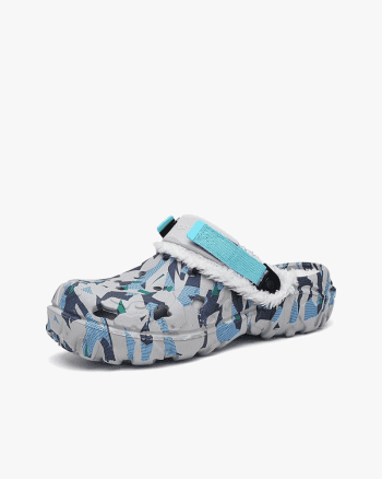 Comfy blue and gray slip-on shoes with adjustable strap and fleece lining for outdoor adventures.